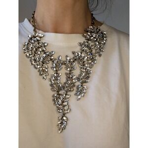 Statement Rhinestone Bib Necklace Gold Crystal Leaf Bridal Wedding Glam